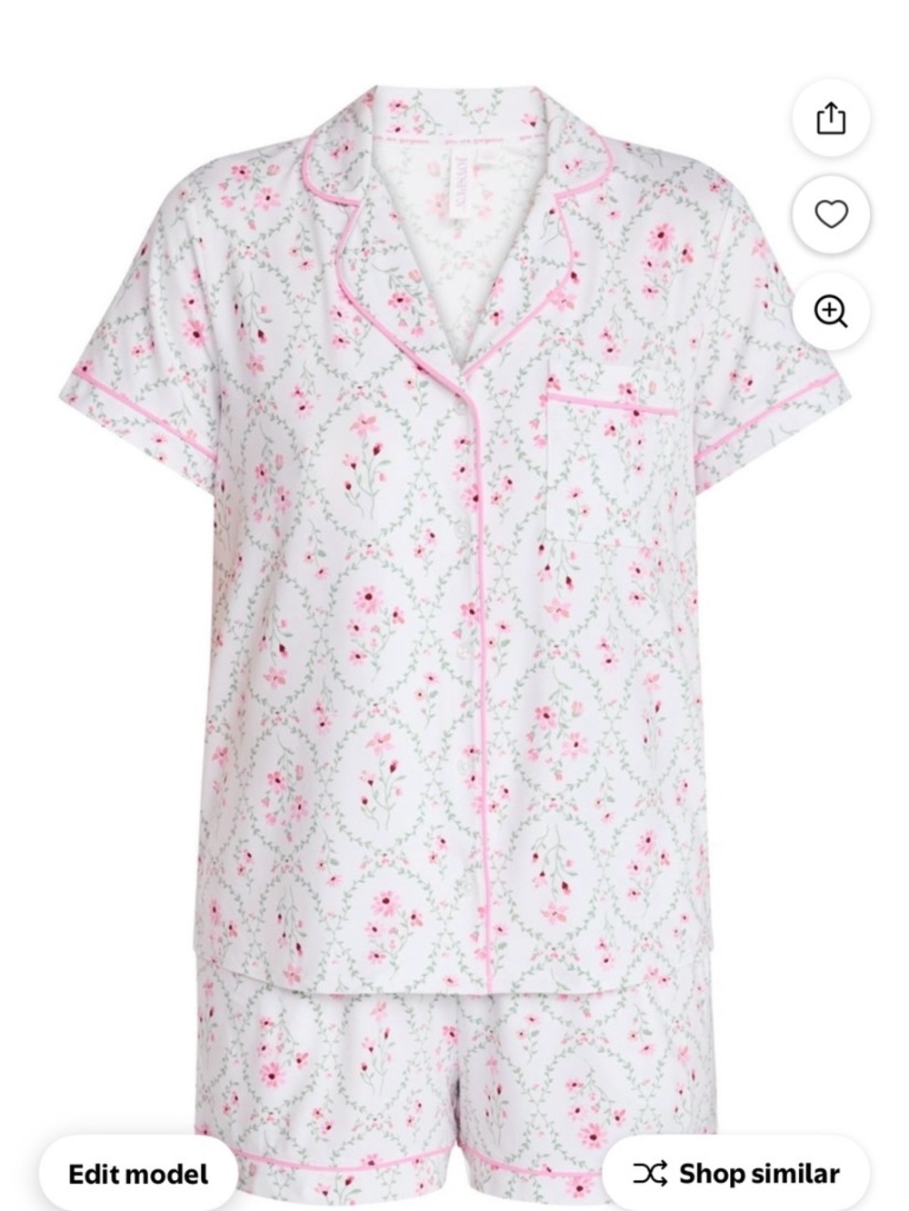 White Floral Short PJ Set with Pink Piping